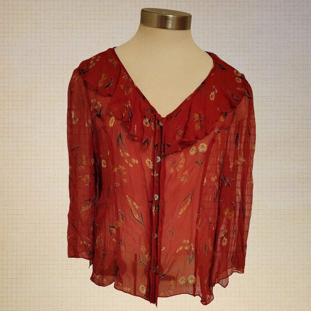 Vtg Tess Flare Sleeve Ruffle V Neck Tie-Front Floral Silk Sheer Top Red Size 14